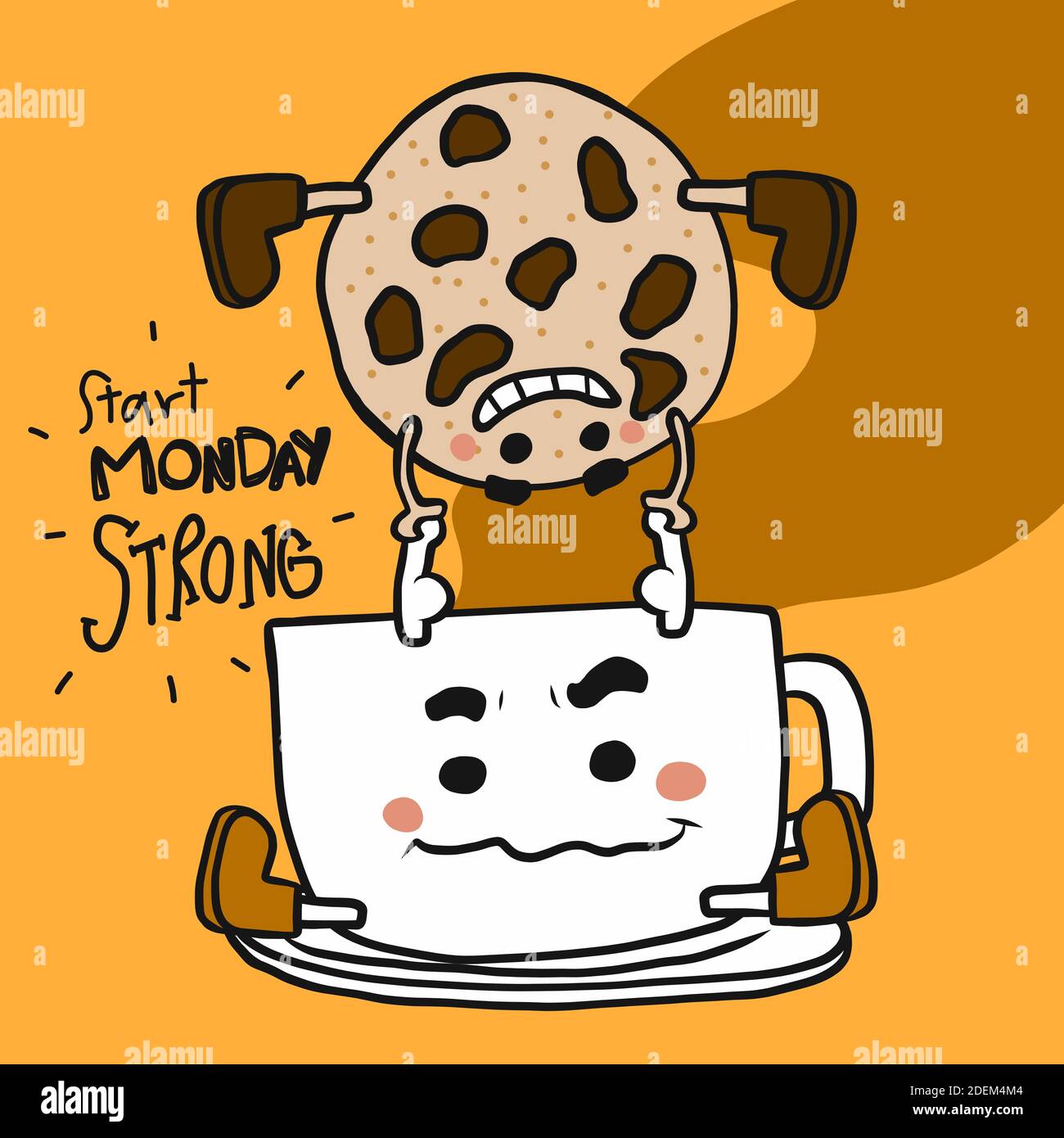 Inizia lunedì tazza di caffè forte portare su biscotti con chip di cioccolato illustrazione vettoriale cartoon Illustrazione Vettoriale