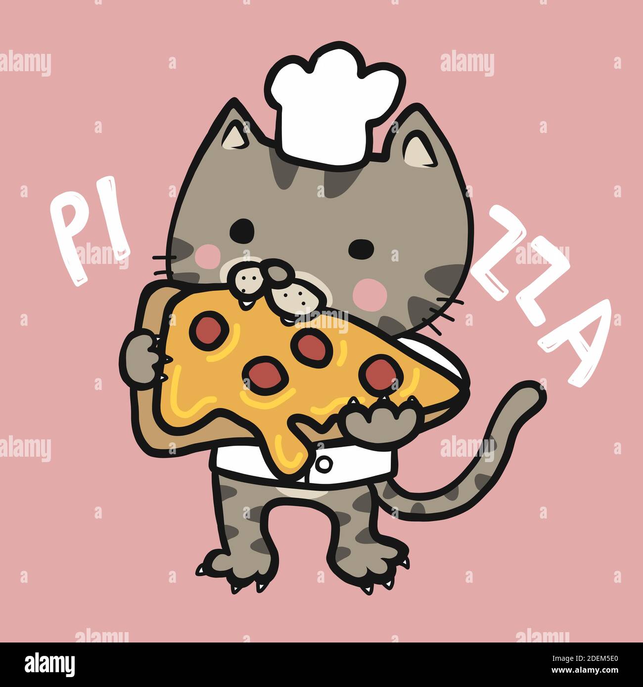 Cat chef mangiare pizza cartoon illustrazione vettoriale Illustrazione Vettoriale