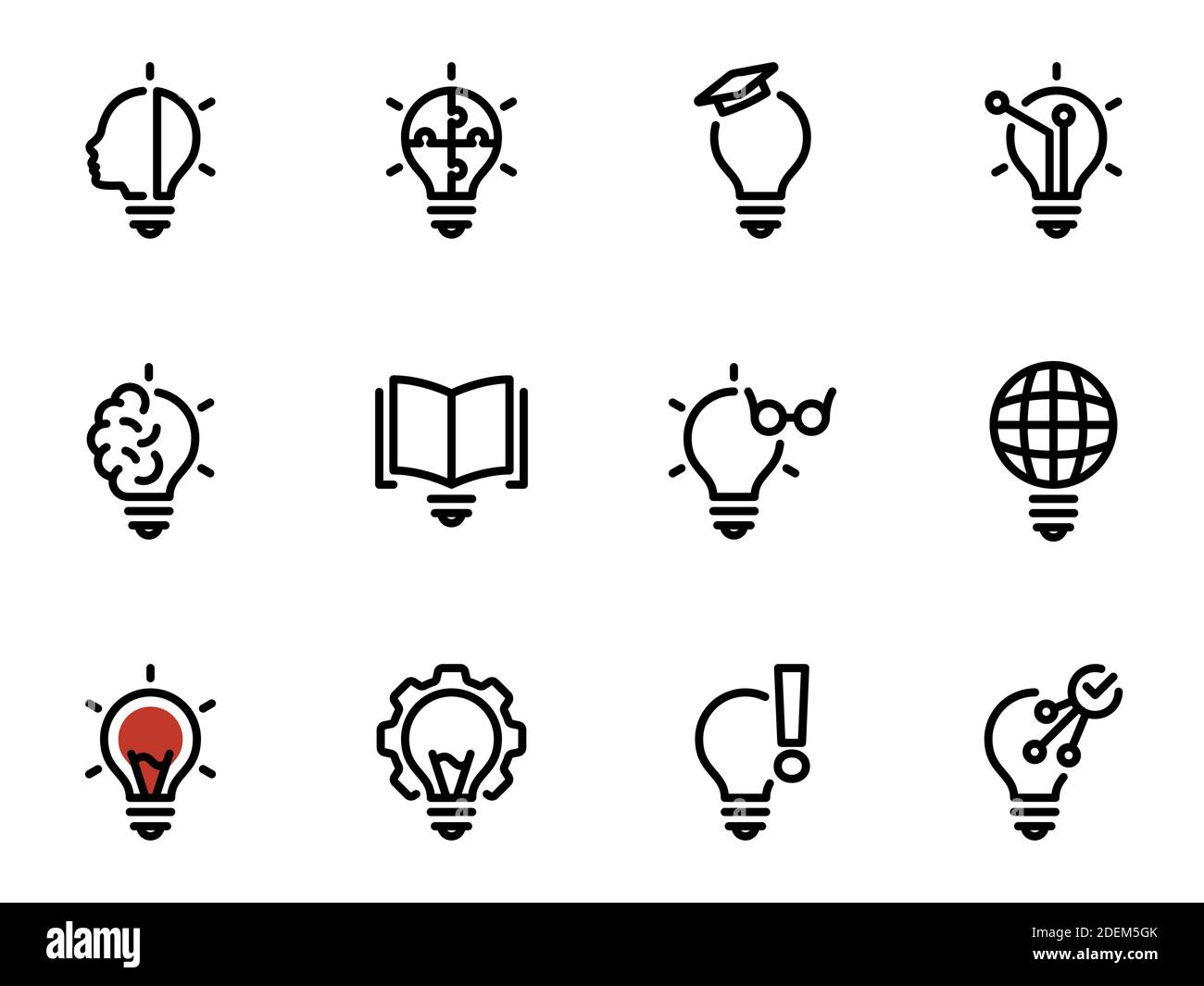 Set di icone vettoriali nere, isolate su sfondo bianco. Illustrazione su un tema fonte di luce creativa, avvertenza, sintonizzazione e utilizzo di lampadine intelligenti Illustrazione Vettoriale