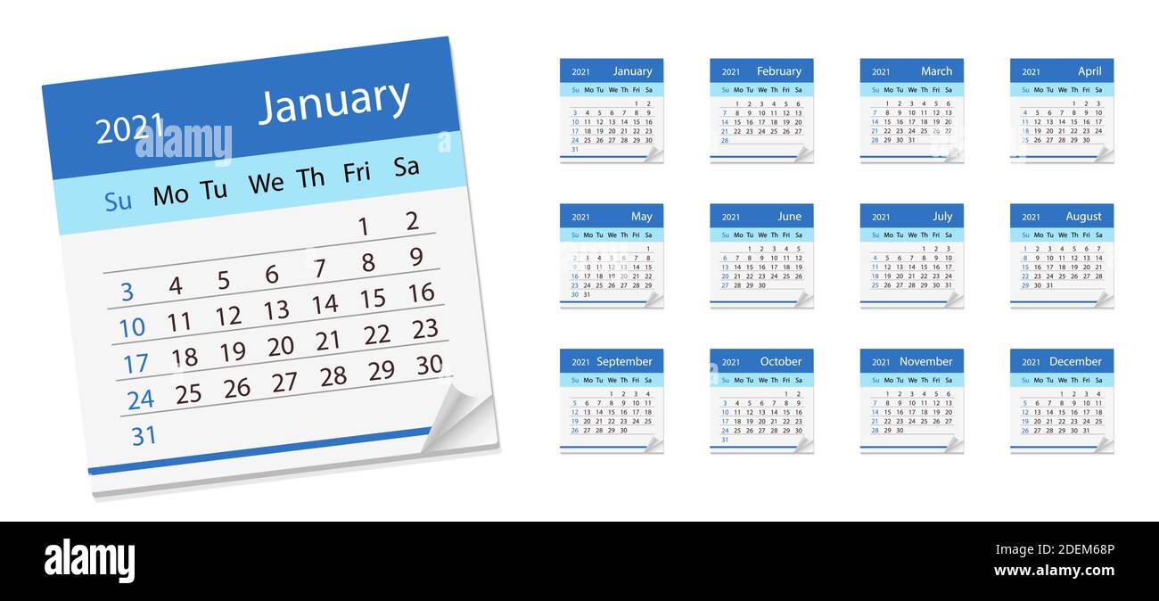 Impostare foglio calendario , anno 2021. Illustrazione vettoriale. Con un calendario per il mese. Illustrazione Vettoriale