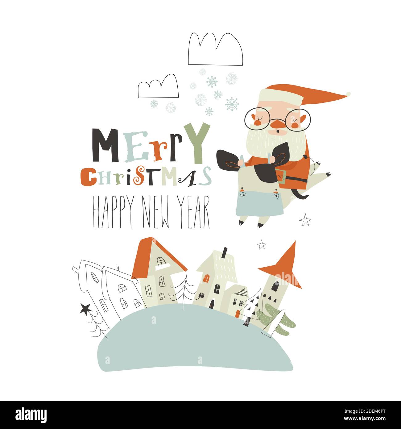 Felice Babbo Natale cavalcare toro sopra la piccola città Illustrazione Vettoriale