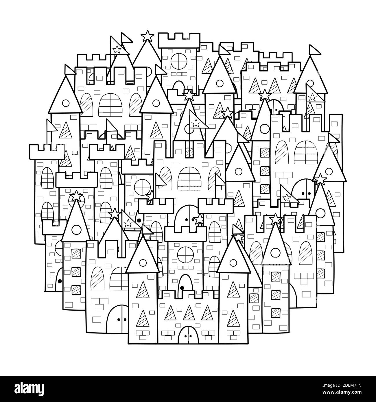 Pagina da colorare forma circolare con graziosi castelli. Magic piccolo regno doodle mandala Illustrazione Vettoriale