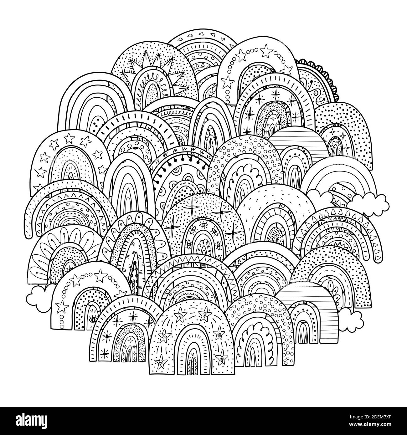 Doodle arcobaleno cerchio forma modello per libro da colorare. Stampa magica in bianco e nero Illustrazione Vettoriale