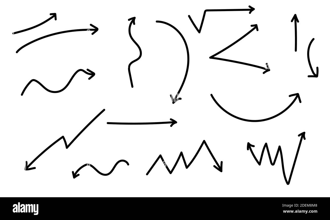 Vettore di icone con contrassegni a freccia disegnati a mano. Set di frecce Illustrazione Vettoriale