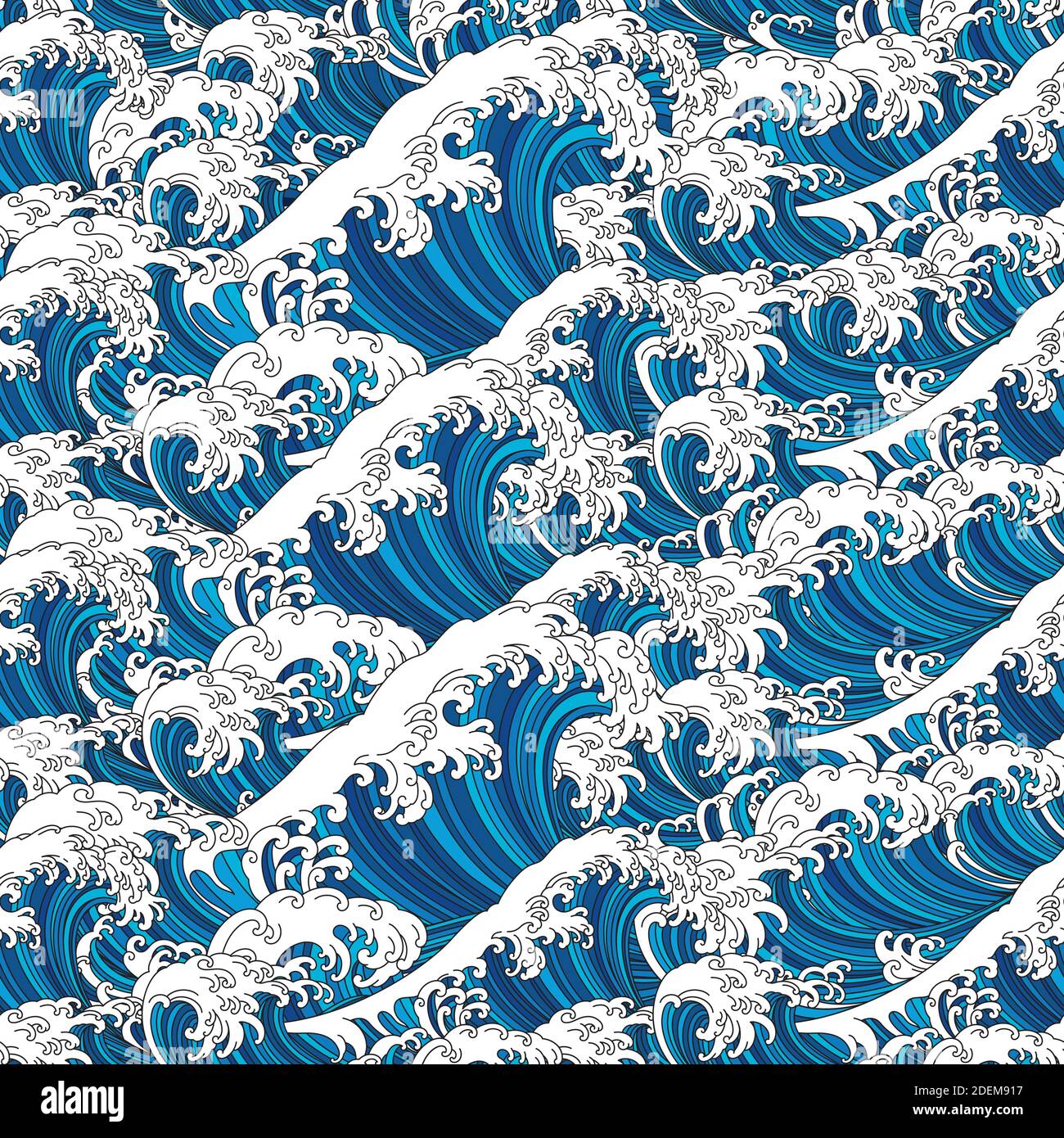 Grande onda Giappone di Kanagawa oceano senza cuciture motivo sfondo e carta da parati illustrazione vettoriale. Design line art. Illustrazione Vettoriale