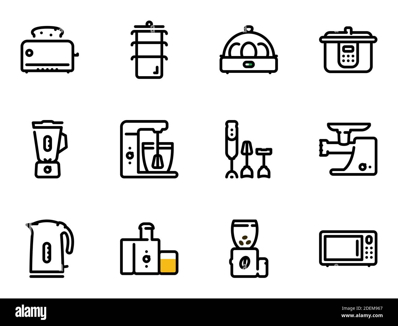 Set di icone vettoriali nere, isolate su sfondo bianco. Illustrazione su un tema elettrodomestici da cucina Illustrazione Vettoriale