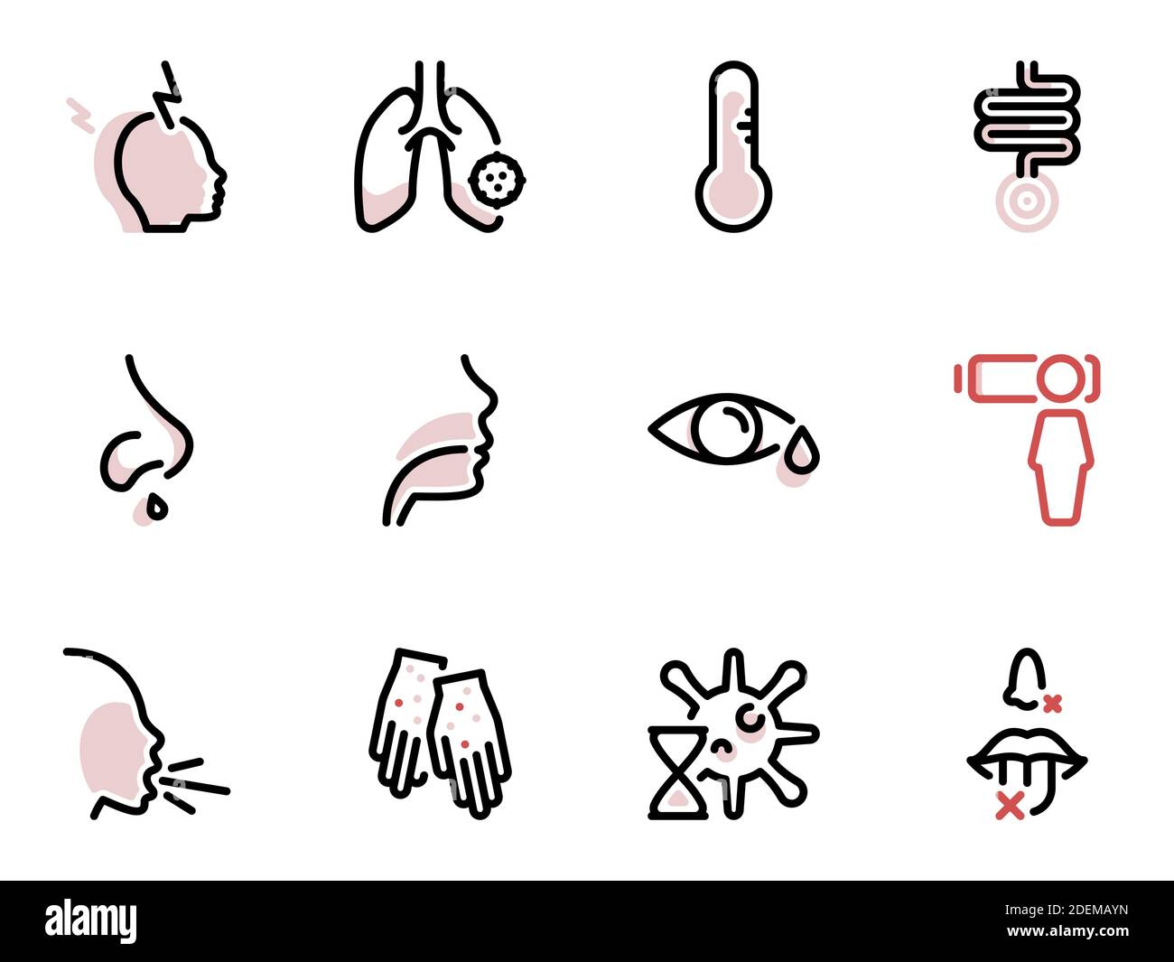 Set di icone vettoriali nere, isolate su sfondo bianco. Illustrazione su un tema i principali sintomi della malattia respiratoria Illustrazione Vettoriale