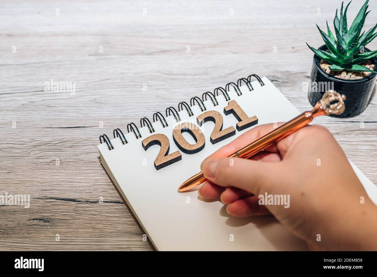 Obiettivi e concetto di risoluzione di nuovi anni. Mano femminile che tiene una penna, taccuino vuoto, numeri di legno 2021 e decorazioni natalizie isolato su un legno Foto Stock