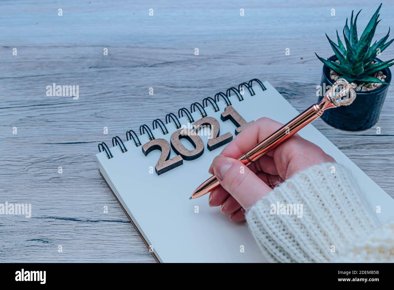 Obiettivi e concetto di risoluzione di nuovi anni. Mano femminile che tiene una penna, taccuino vuoto, numeri di legno 2021 e decorazioni natalizie isolato su un legno Foto Stock