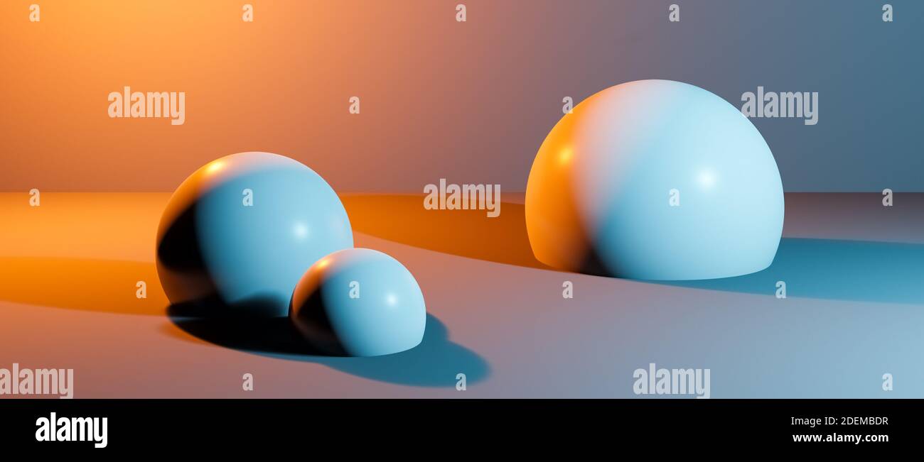 Sfere astratte, palline o globi in interni realistici di studi digitali, rappresentazione grafica di cgi, rappresentazione di sfondi, illuminazione colorata Foto Stock