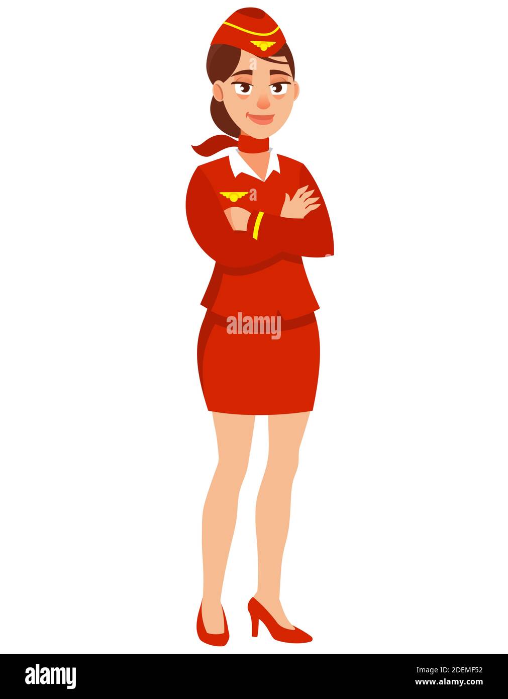 Stewardess con le braccia incrociate. Carattere femminile in stile cartoon. Illustrazione Vettoriale