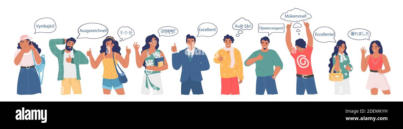 Gruppo di persone che dicono una parola eccellente in diverse lingue, flat vettoriale illustrazione. Scuola di lingue straniere. Illustrazione Vettoriale