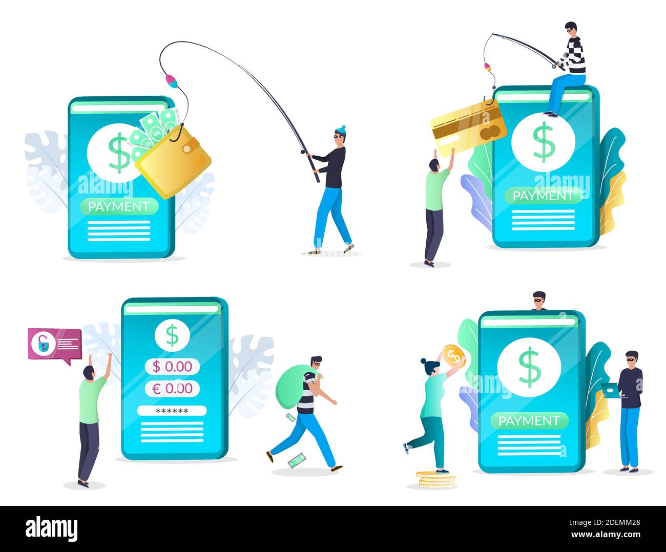 Set di attacchi di phishing mobili, illustrazione isolata da vettori piatti. Hacker rubare informazioni personali e denaro. Illustrazione Vettoriale