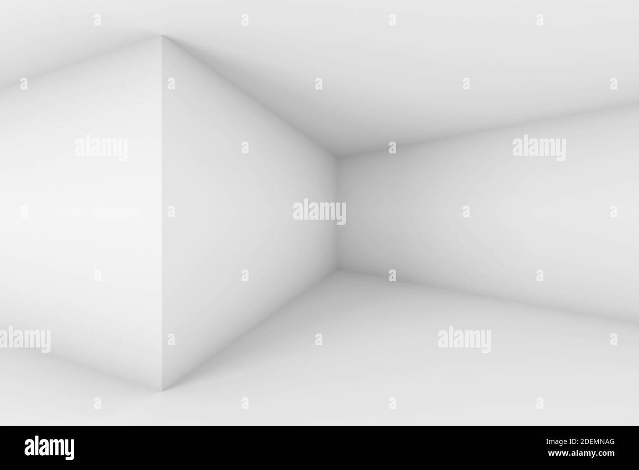 Interno bianco vuoto astratto con effetto prospettiva grandangolare, sfondo dell'architettura minimo, illustrazione del rendering 3d Foto Stock