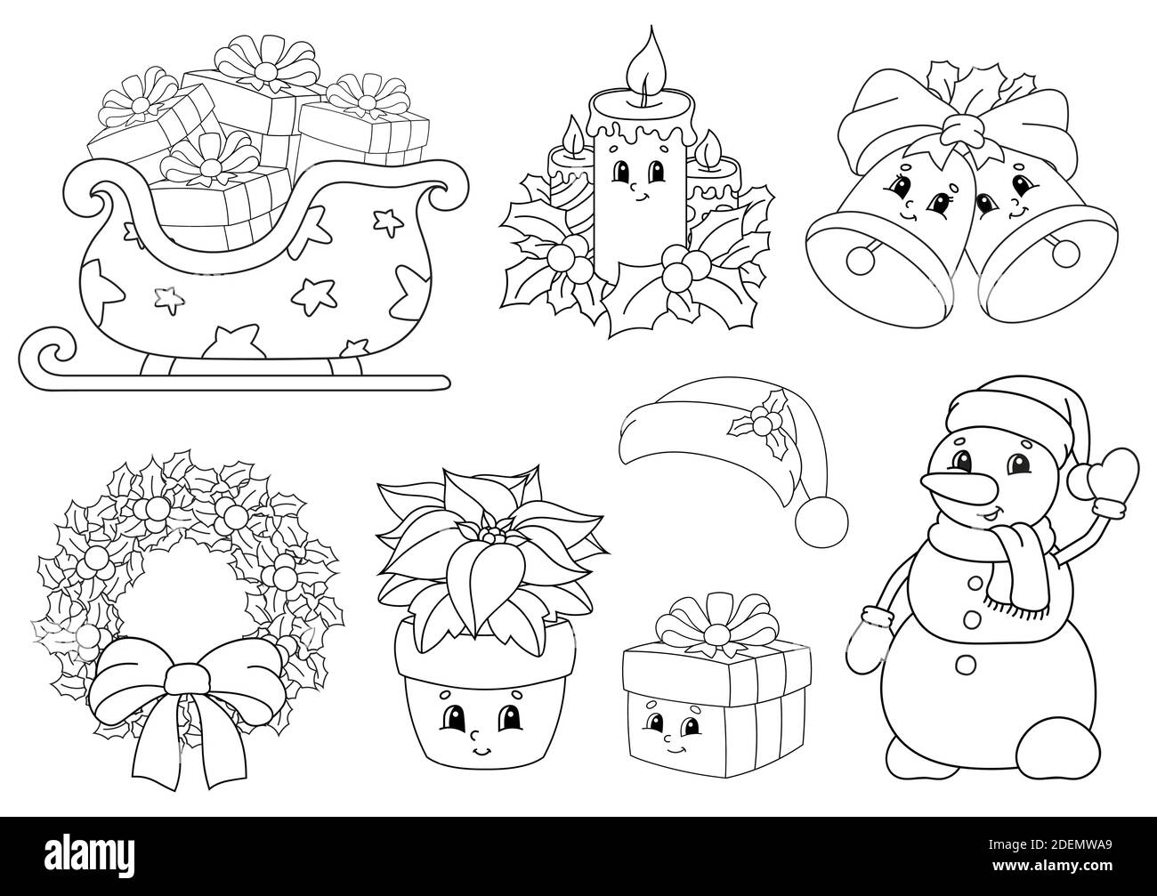 Libro da colorare per bambini. Buon tema di Natale. Personaggi allegri. Illustrazione vettoriale. Carino stile cartoon. Profilo a contorno nero. Isolato su WI Illustrazione Vettoriale