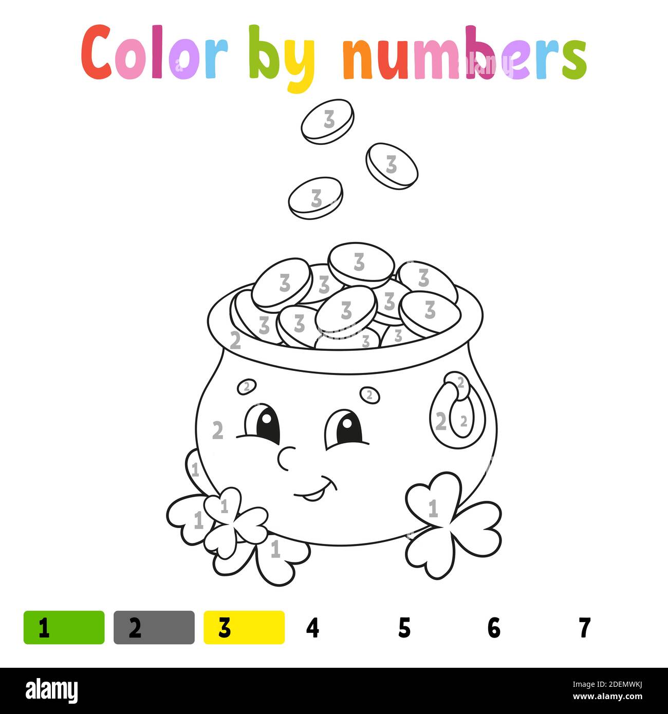 Colore per numeri. Libro da colorare per bambini. Illustrazione vettoriale. Personaggio cartoon. Disegnato a mano. Pagina del foglio di lavoro per i bambini. Isolato su sfondo bianco Illustrazione Vettoriale