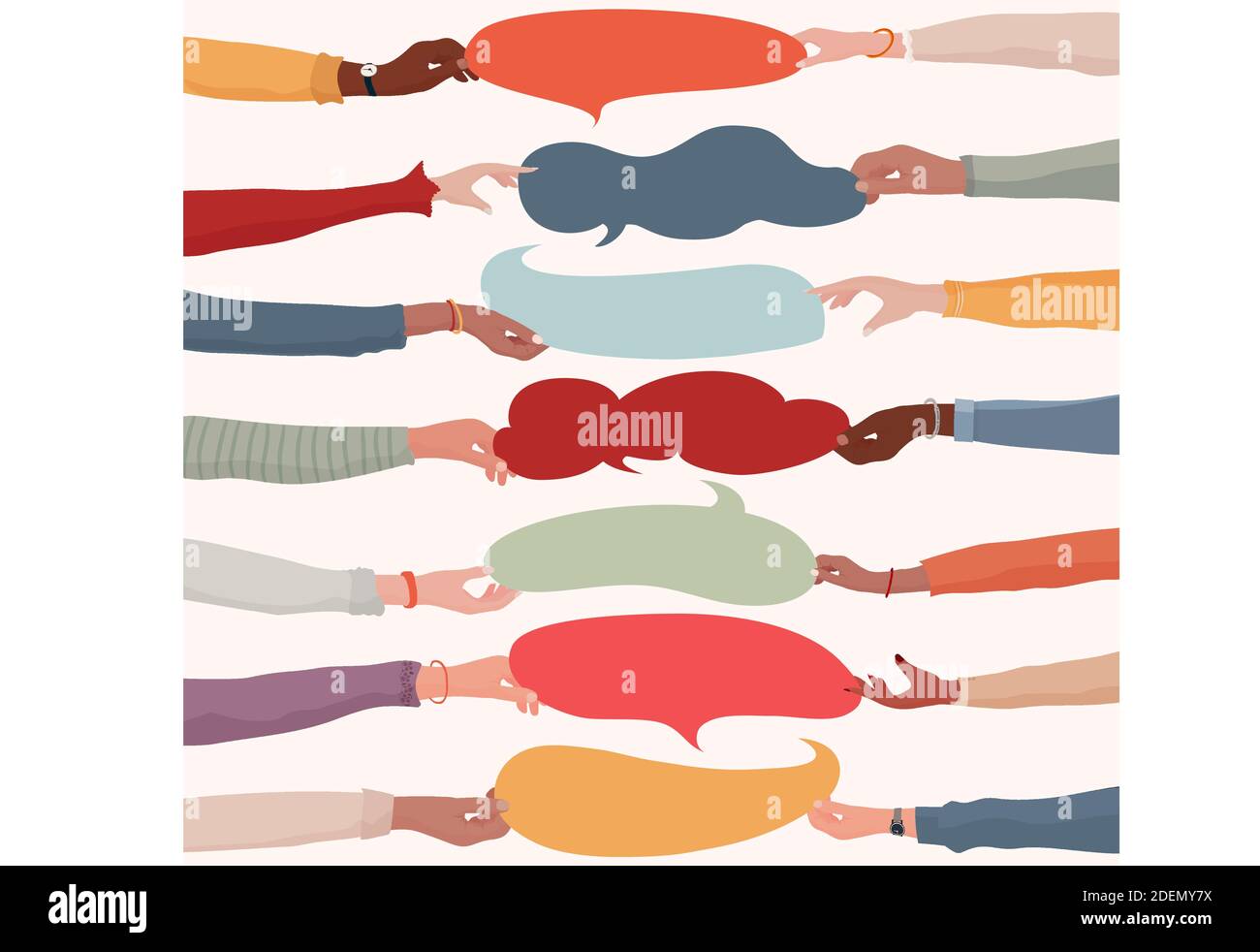 Accordo o affare tra un gruppo di colleghi o collaboratori.diversità persone che scambiano informazioni.armi e mani tenere bolla del discorso. Illustrazione Vettoriale