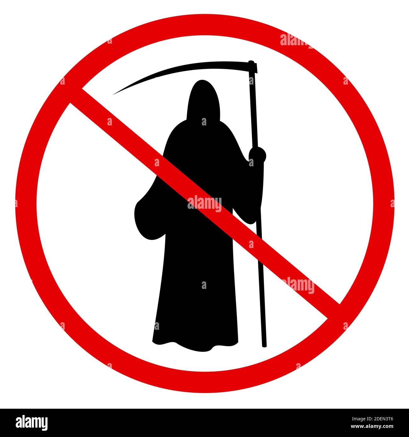 Divieto e divieto di Grim Reaper come metafora dell'immorabilità e dell'evitare la morte. Fantasma morto negativo è vietato. Illustrazione vettoriale Foto Stock