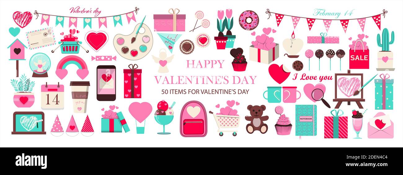 Enorme set di icone per San Valentino. Illustrazione vettoriale di 50 oggetti per la festa del 14 febbraio. Set di disegni di design piatto per romanticismo, matrimonio, data, invito, biglietto d'auguri, amore. Icone per banner, vendite, app o annunci. Graziose immagini rosa e blu per San Valentino. Illustrazione Vettoriale