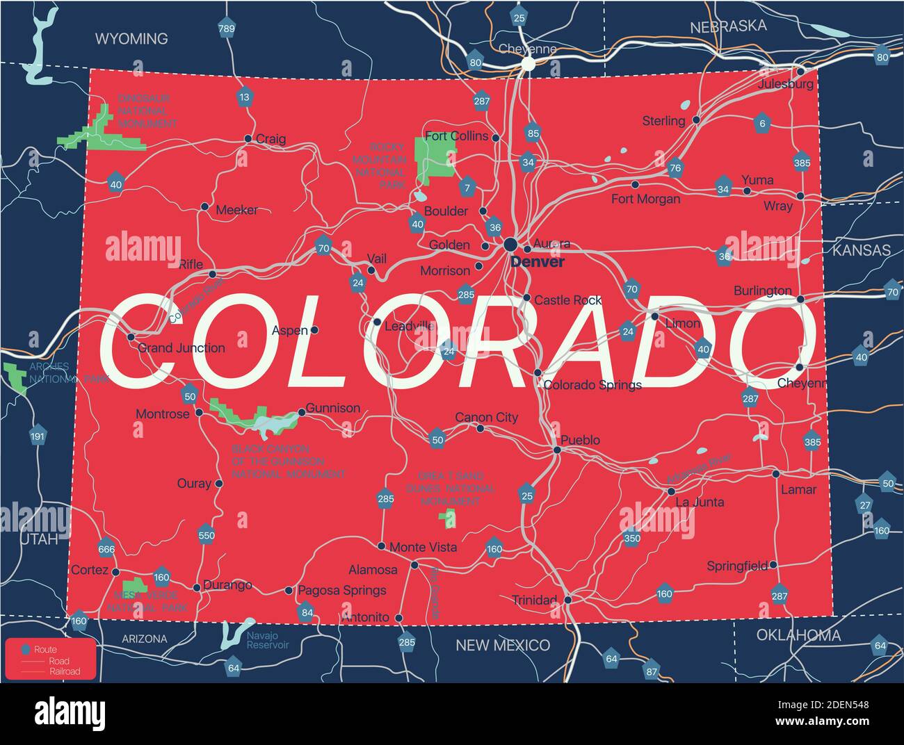 Colorado state Mappa modificabile dettagliata con città e città, siti geografici, strade, ferrovie, interstatali e autostrade statunitensi. File vettoriale EPS-10, Illustrazione Vettoriale