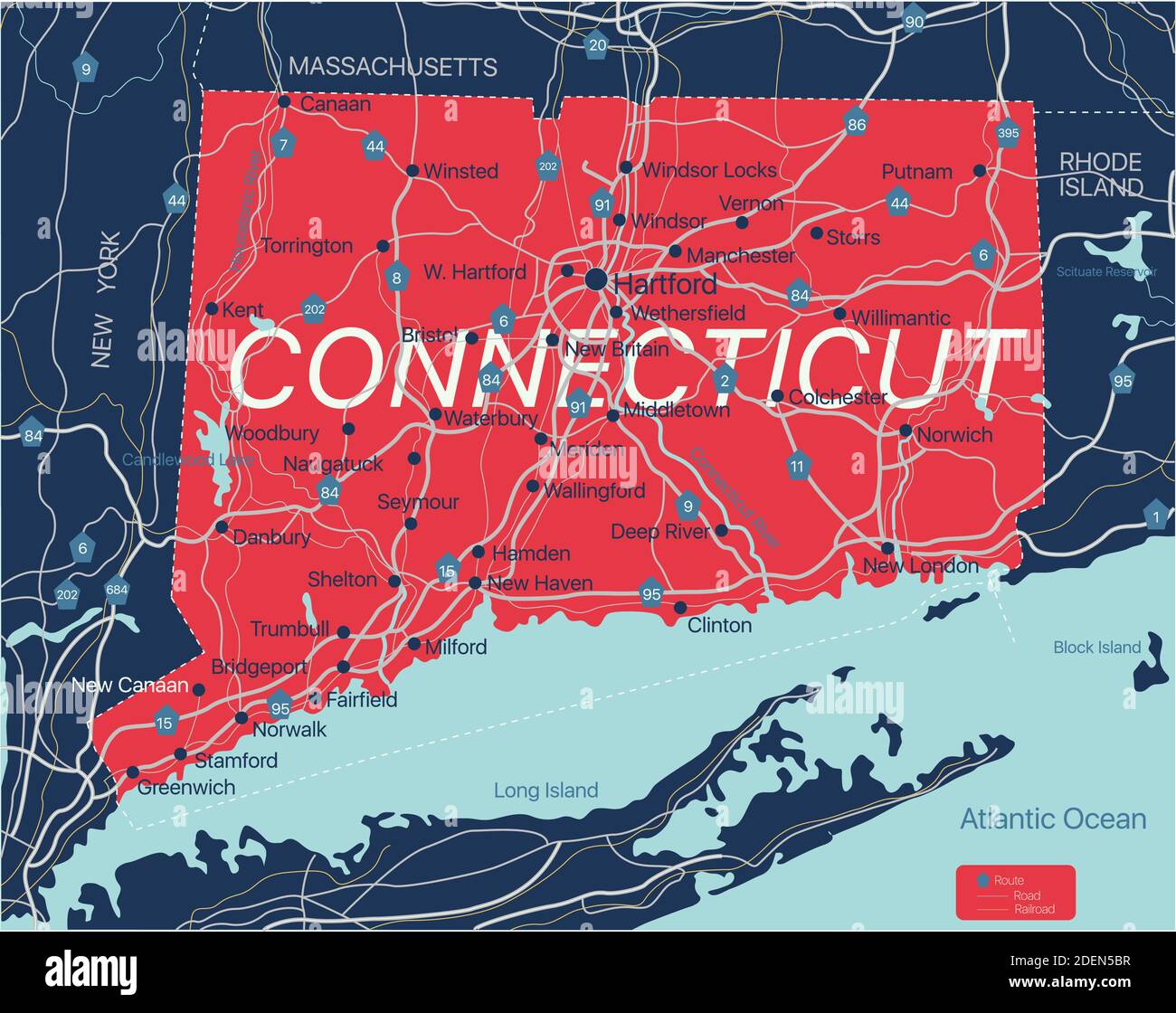Stato del Connecticut Mappa modificabile dettagliata con città e città, siti geografici, strade, ferrovie, interstatali e autostrade degli Stati Uniti. Vector EPS-10 fi Illustrazione Vettoriale