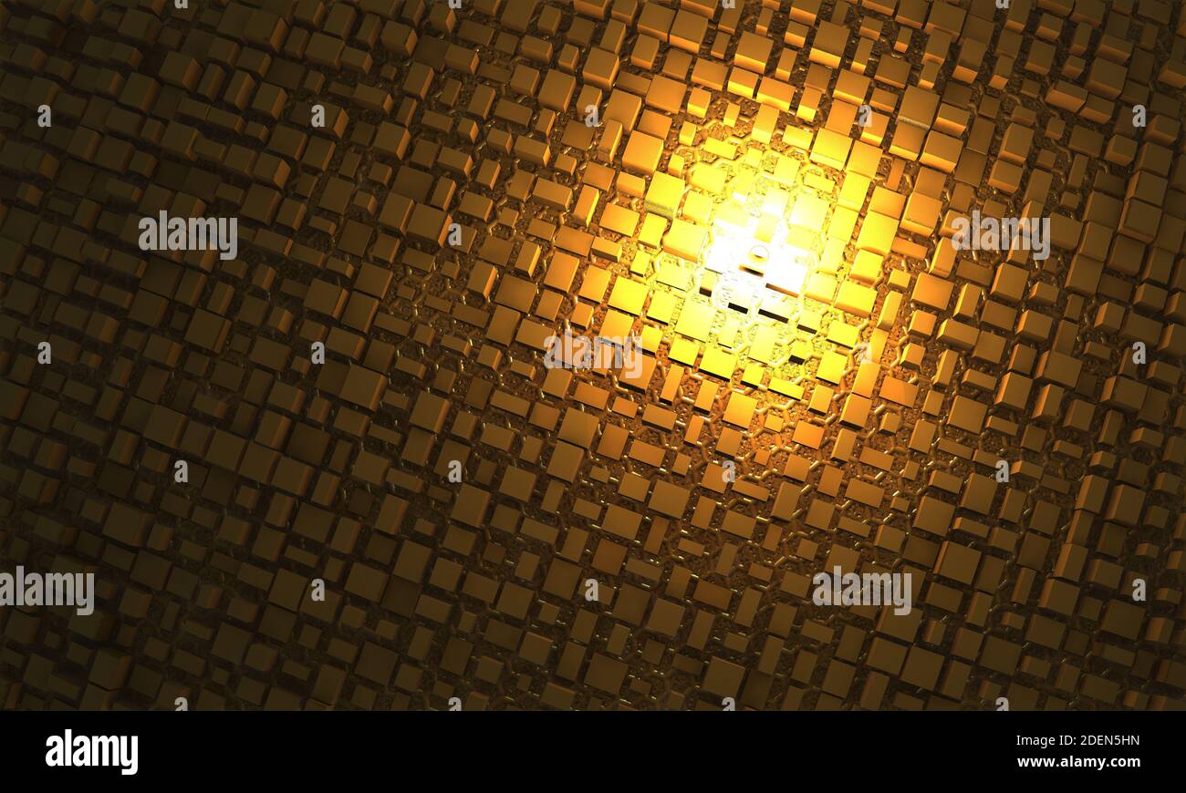 Sfondo metallico, trama, colore giallo, piastrella, rettangolo con un motivo. Rendering 3D. immagine 3d. Foto Stock