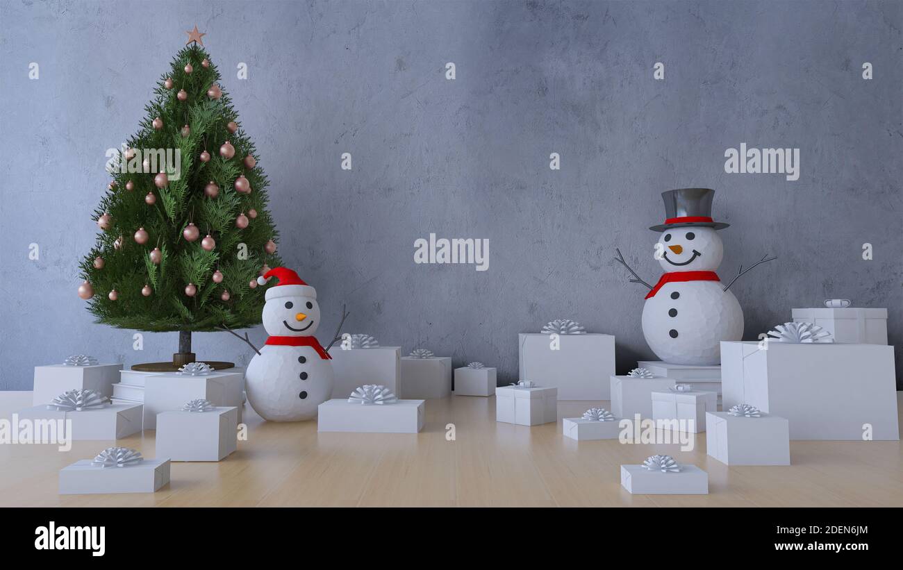 3DS rendering dell'albero di natale e dell'uomo della neve sul tavolo che hanno molti regali sul tablel, felice anno nuovo e buon Natale concetto. Moc. Parete Foto Stock