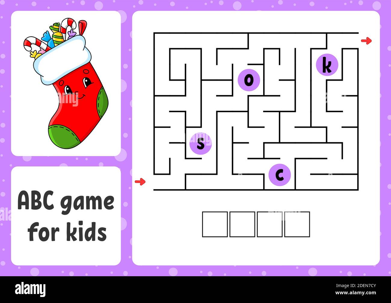 Labirinto ABC per bambini. Labirinto rettangolare. Tema di Natale. Foglio di lavoro attività. Puzzle per bambini. Stile cartone animato. Tamburo di stampa logico. Colore vettore illus Illustrazione Vettoriale