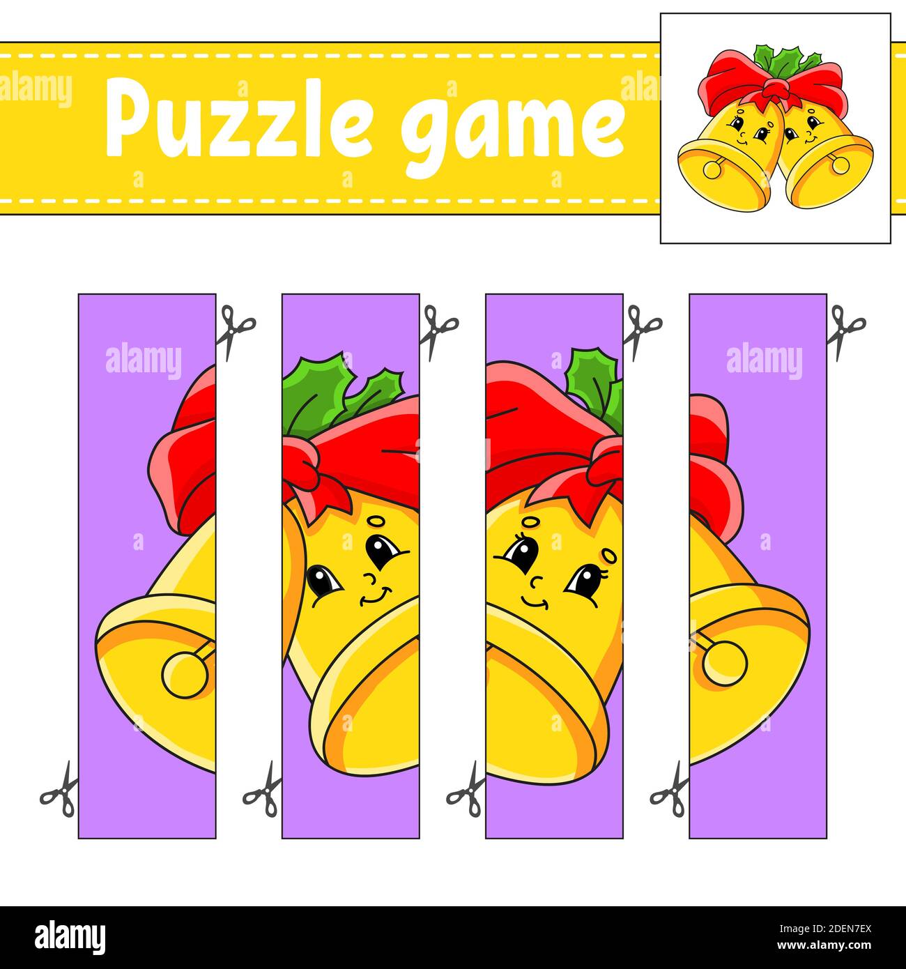 Gioco di puzzle per bambini. Pratica di taglio. Tema di Natale. Foglio di lavoro per lo sviluppo dell'istruzione. Pagina attività. Personaggio cartoon. Illustrazione Vettoriale