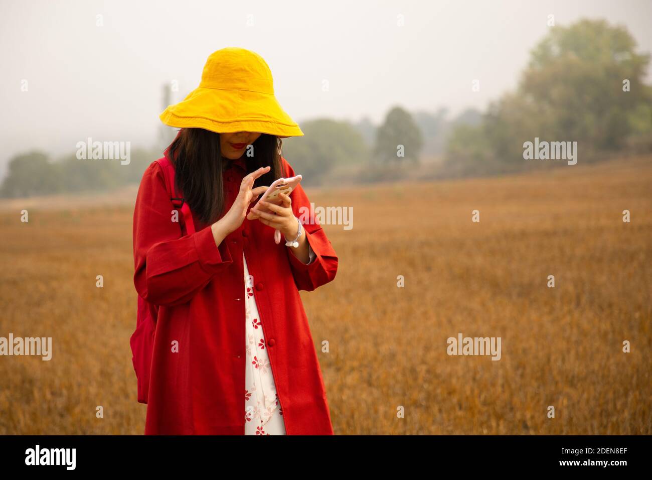 Ragazza con trincea rossa e cappello giallo con telefono cellulare in un campo ritagliato Foto Stock