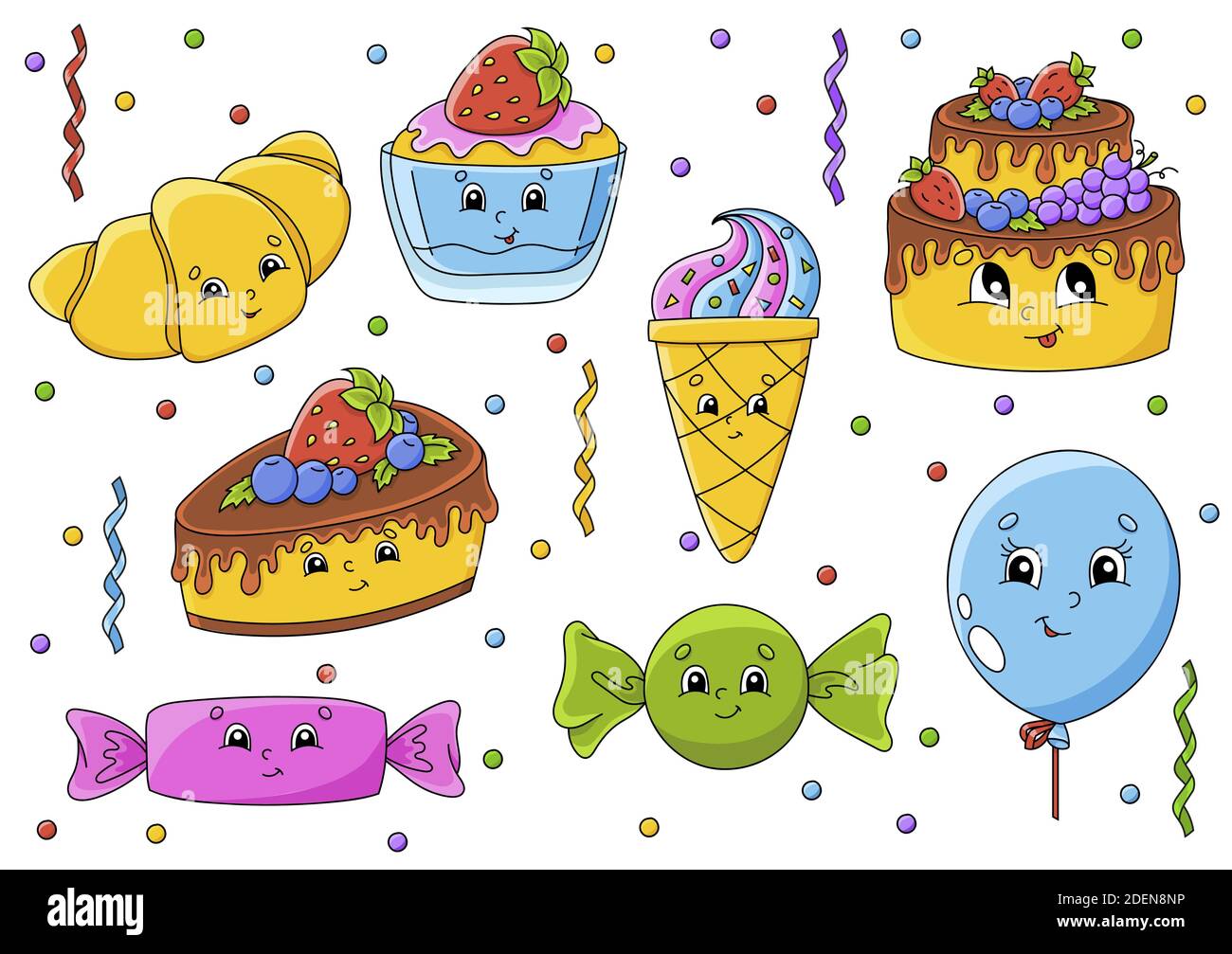 Set di adesivi con simpatici cartoni animati. Tema buon compleanno. Disegnato a mano. Confezione colorata. Illustrazione vettoriale. Patch Badges collection. Etichetta des Illustrazione Vettoriale