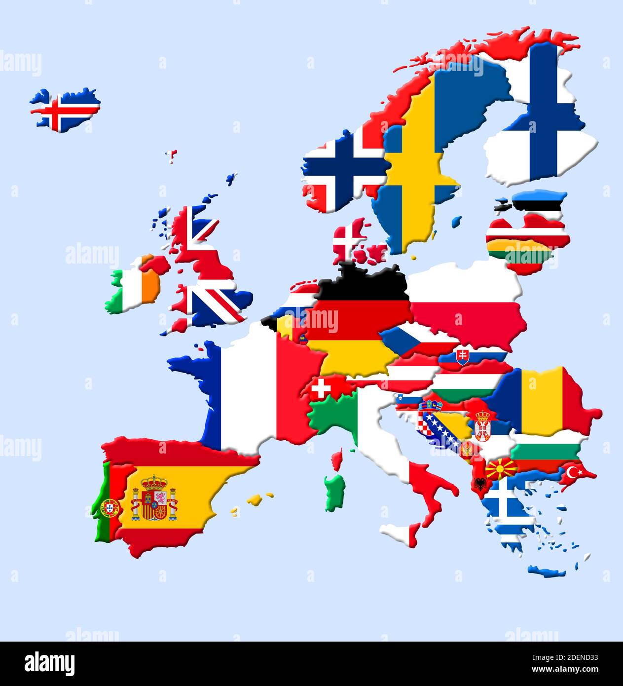 Mappa 3D dell'Europa con bandiere dei paesi Foto Stock