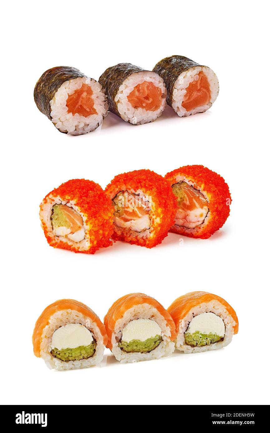 Tre tipi di panini al sushi su bianco Foto Stock