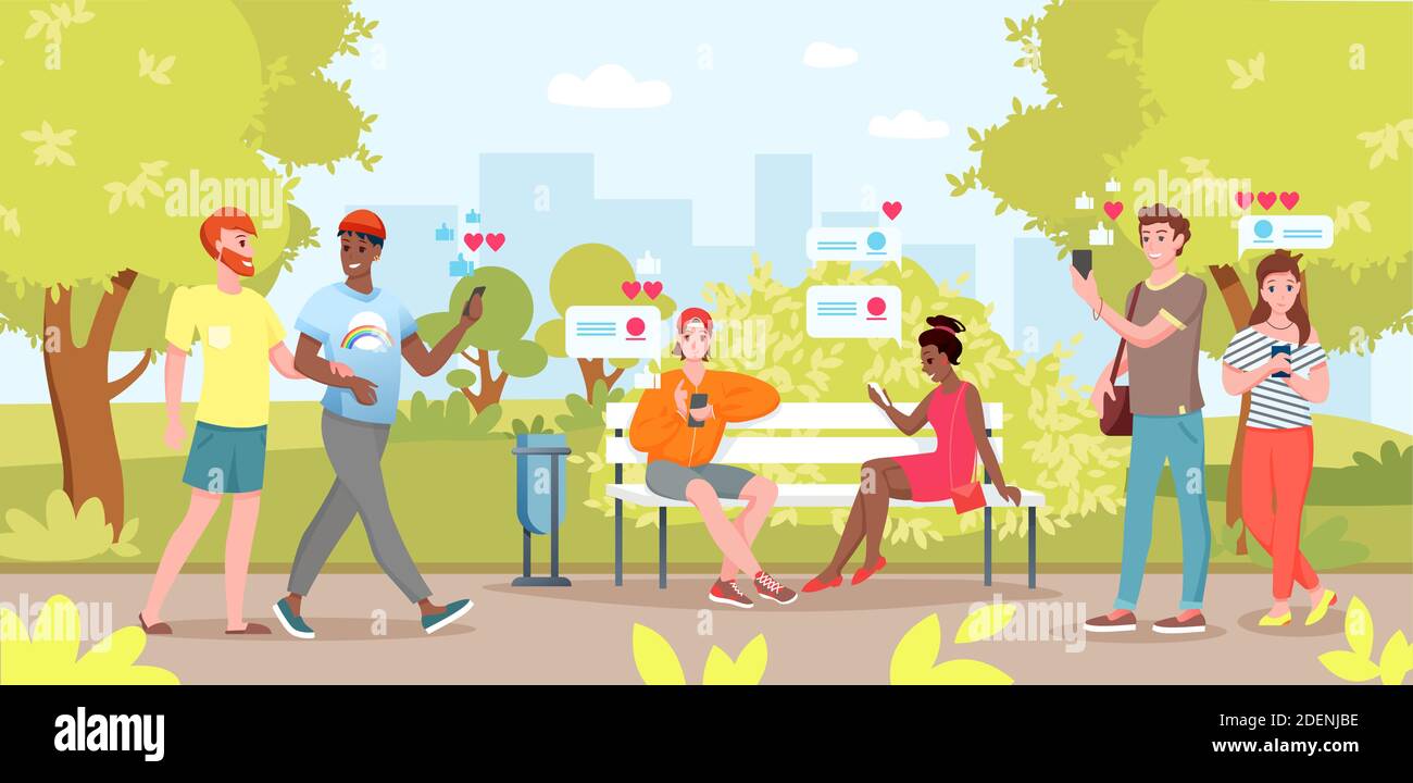 La gente usa gli smartphone nel parco cittadino. Cartoon piatto giovane donna uomo amici personaggi seduti in panchina nel parco della città, tenendo smartphone in mano per Illustrazione Vettoriale