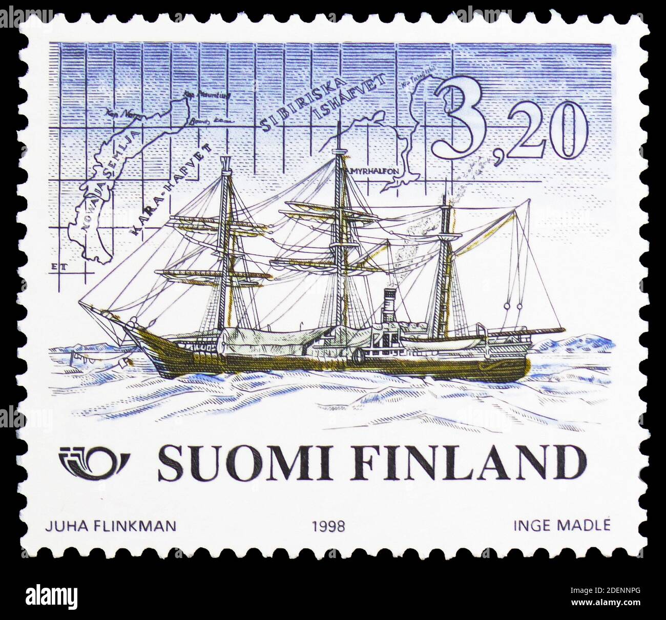 MOSCA, RUSSIA - 28 GIUGNO 2020: Francobollo stampato in Finlandia mostra spedizione nave 'Vega' (1878) per esplorazione polare, Norden 1998 - spedizionista Foto Stock