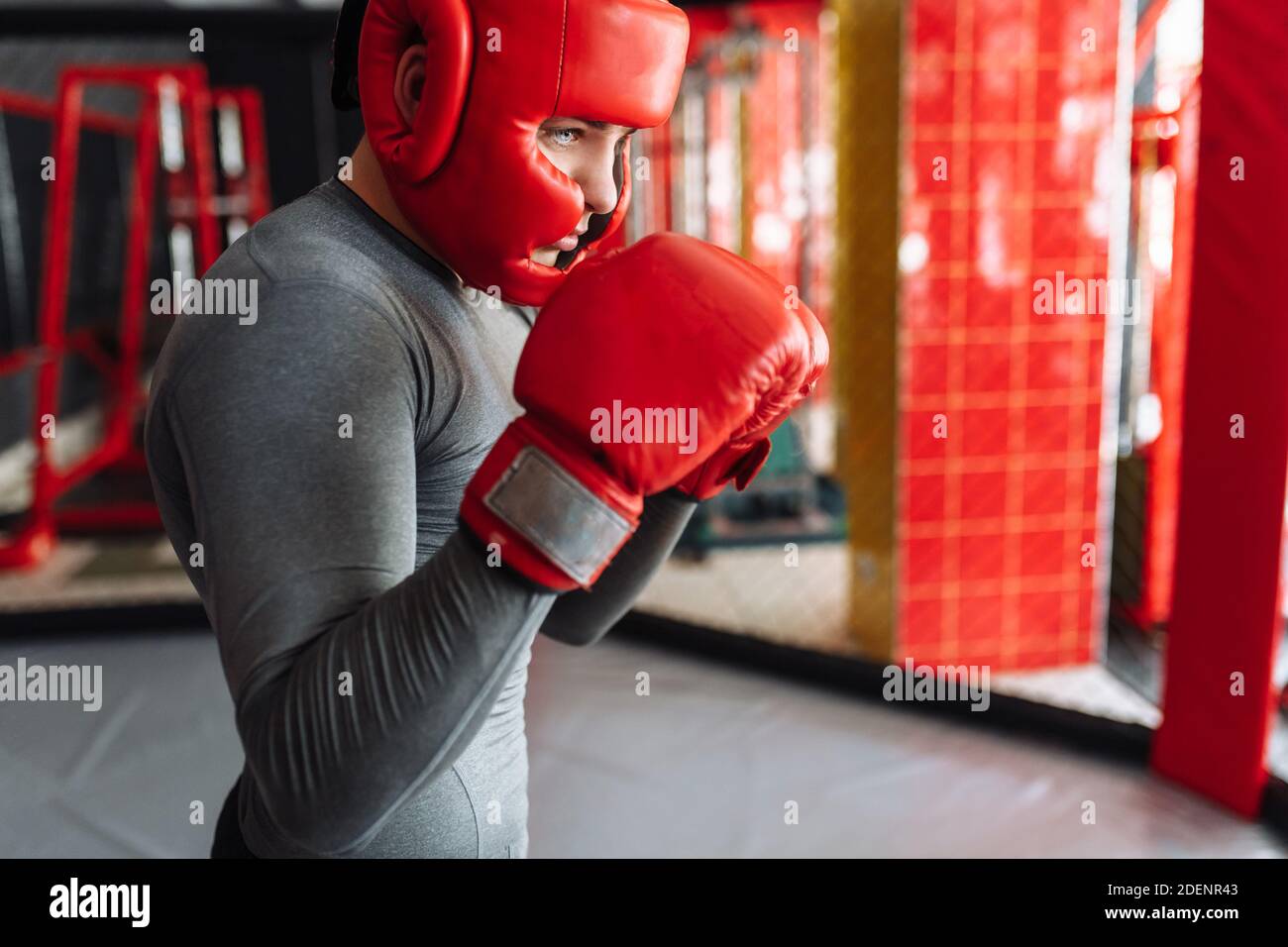 Pugile maschile impegnato in allenamento in palestra, in una gabbia per una lotta senza regole Foto Stock
