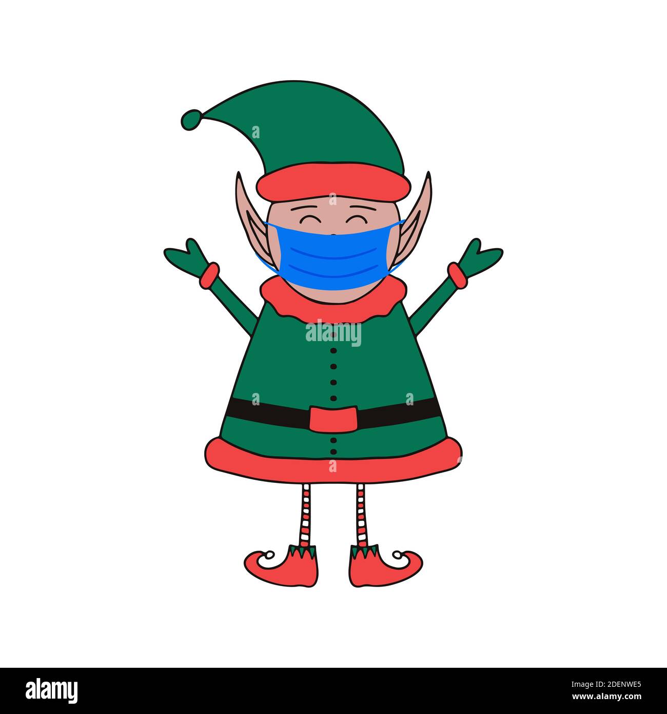 Elf di Santa in maschera medica isolato su uno sfondo bianco. Illustrazione Vettoriale