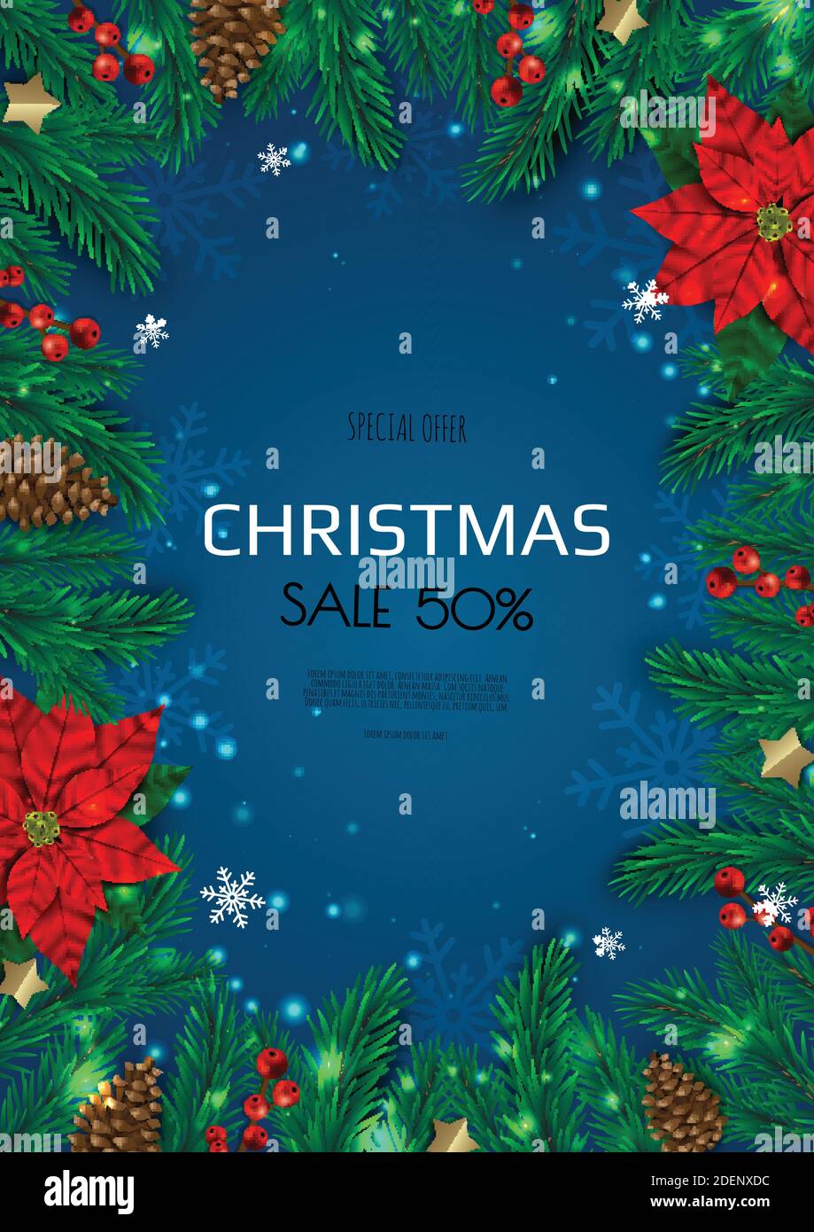 Buon Natale e Felice Anno Nuovo. Sfondo xmas con poinsettia, fiore di natale, fiocchi di neve, stella e palline di design. Illustrazione Vettoriale