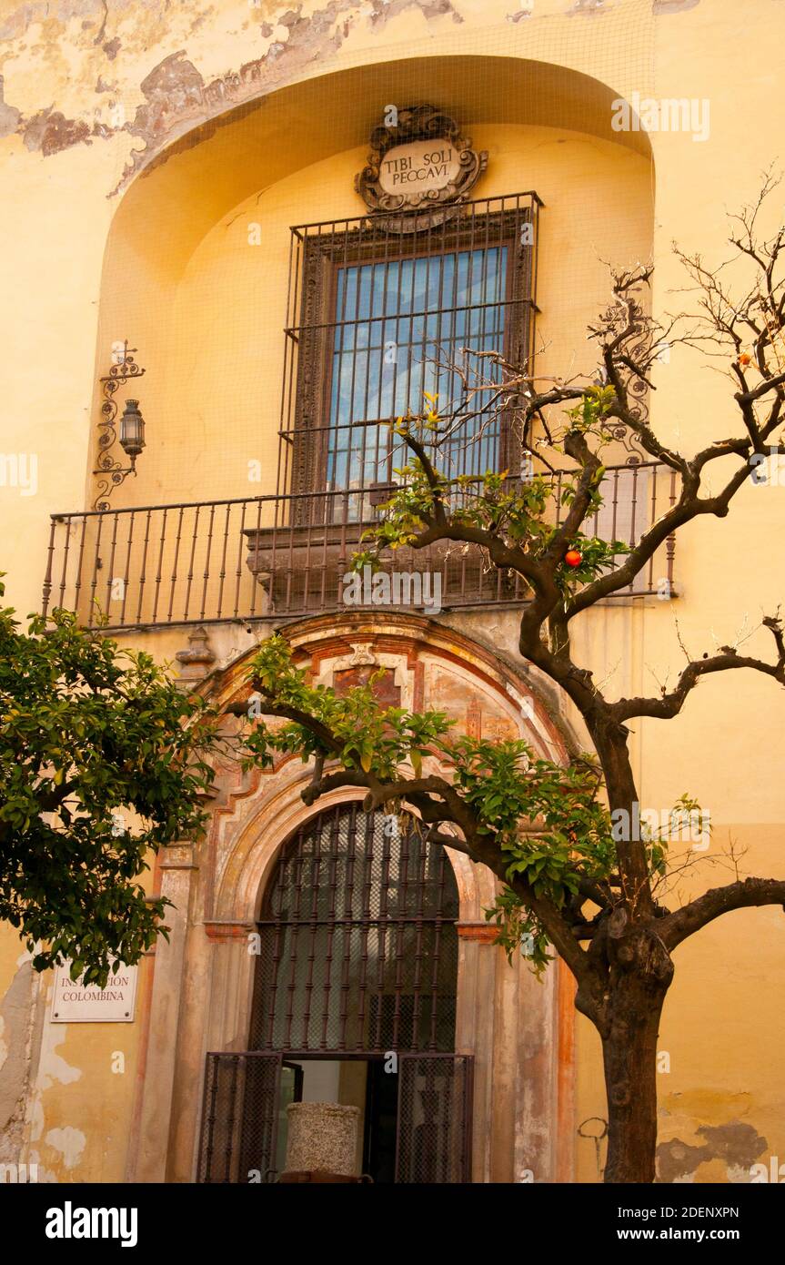L'istituzione colombina di Siviglia ha libri rari e anche manoscritti nella calligrafia di Cristoforo Colombo, Siviglia, Spagna. Foto Stock