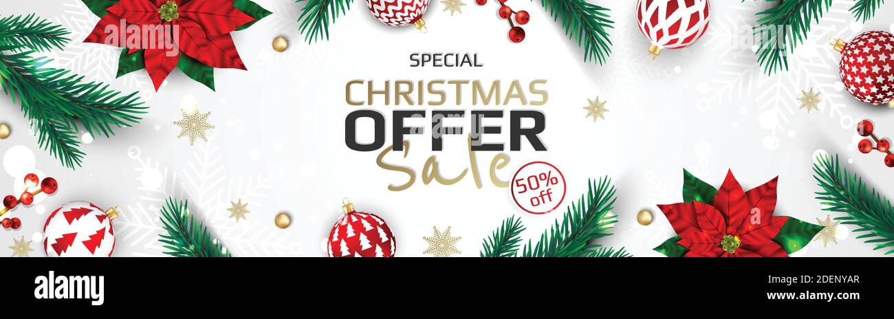 Buon Natale e Felice Anno Nuovo. Sfondo xmas con poinsettia, fiore di natale, fiocchi di neve, stella e palline di design. Illustrazione Vettoriale