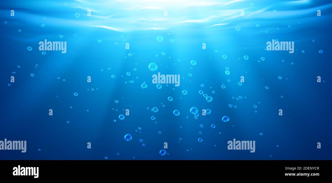 Fondo subacqueo, superficie d'acqua, oceano, mare, piscina acqua texture trasparente con bolle d'aria, increspature e raggi solari che cadono, modello per la pubblicità. Illustrazione vettoriale 3d realistica Illustrazione Vettoriale
