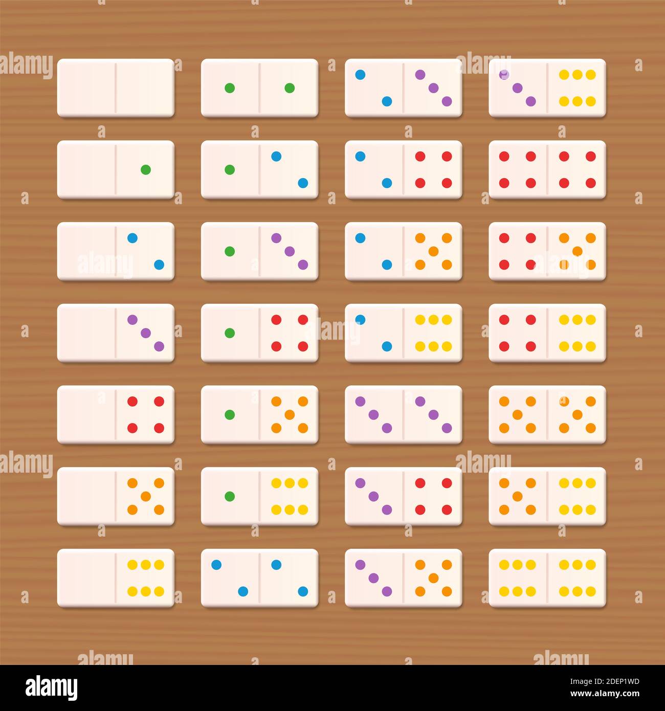 Set Domino, piastrelle bianche con punti colorati - set completo di gioco, collezione di 28 pezzi disposti - illustrazione su sfondo di legno. Foto Stock