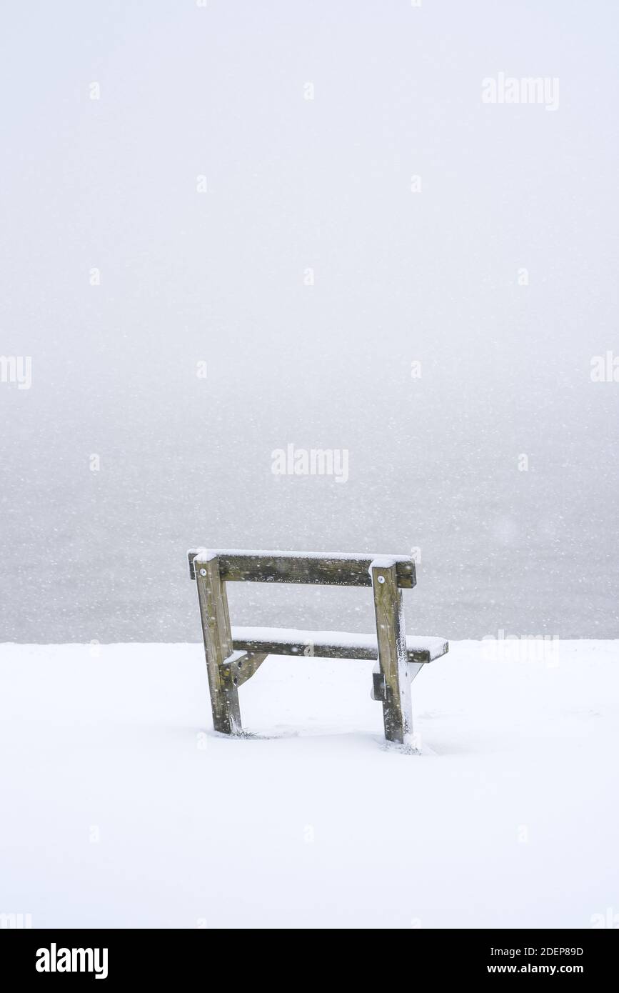 Panca innevata durante una tempesta invernale Foto Stock