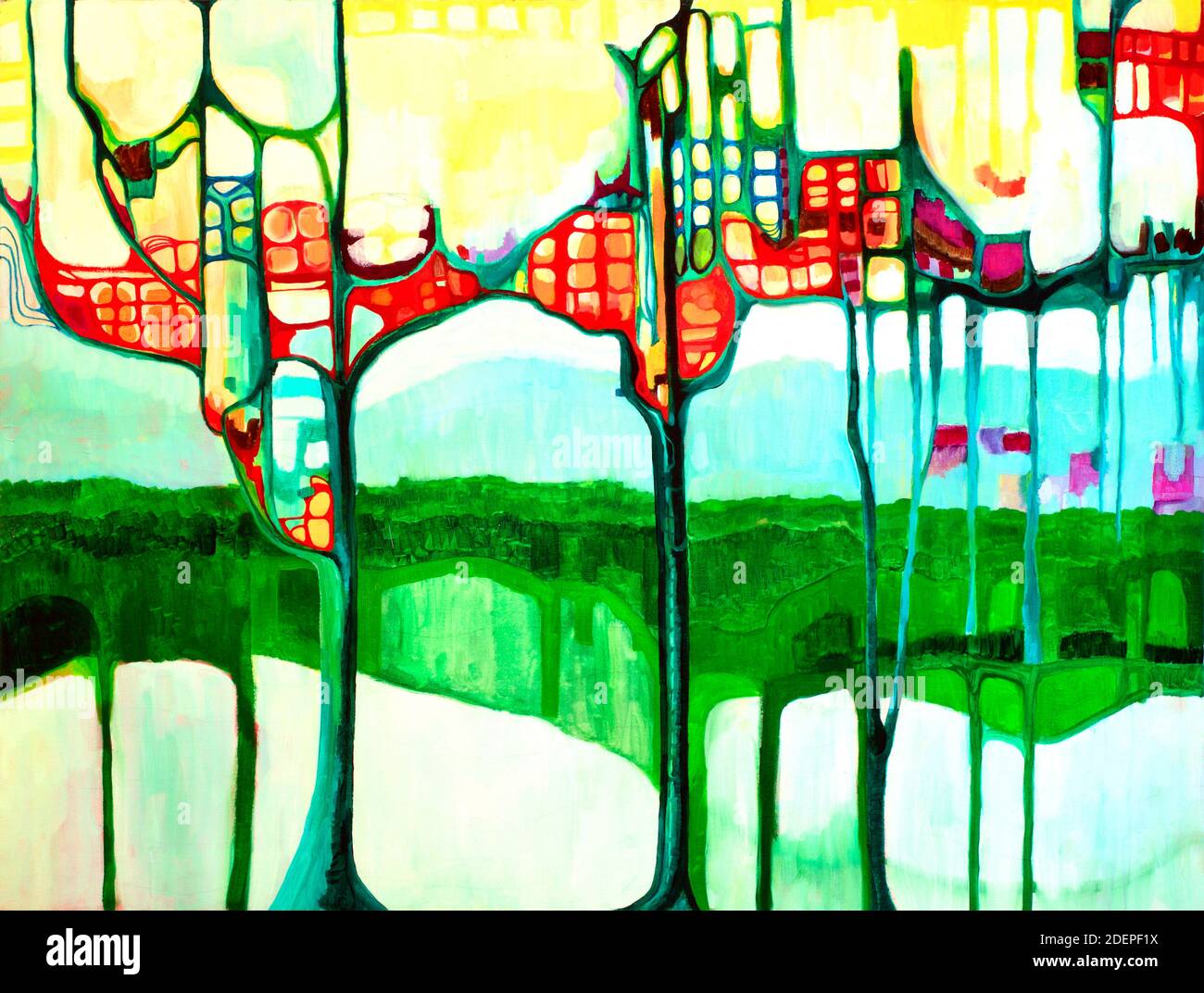 Alberi - una grafica astratta Illustrazione di Sandra Zaro raffigurante case di alberi scheletrici come alberi in alto sopra il terreno vicino a un lago. Foto Stock