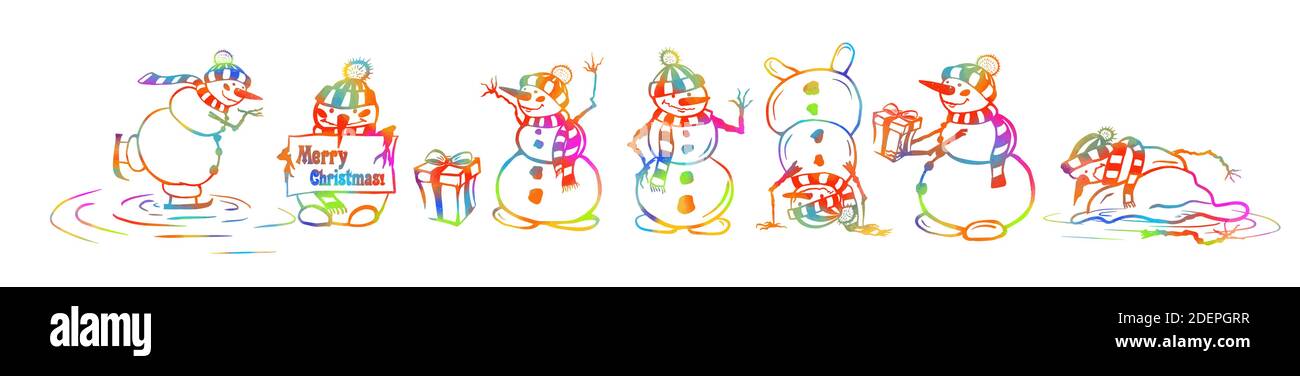 Una serie di simpatici pupazzi di neve. Illustrazione vettoriale Illustrazione Vettoriale