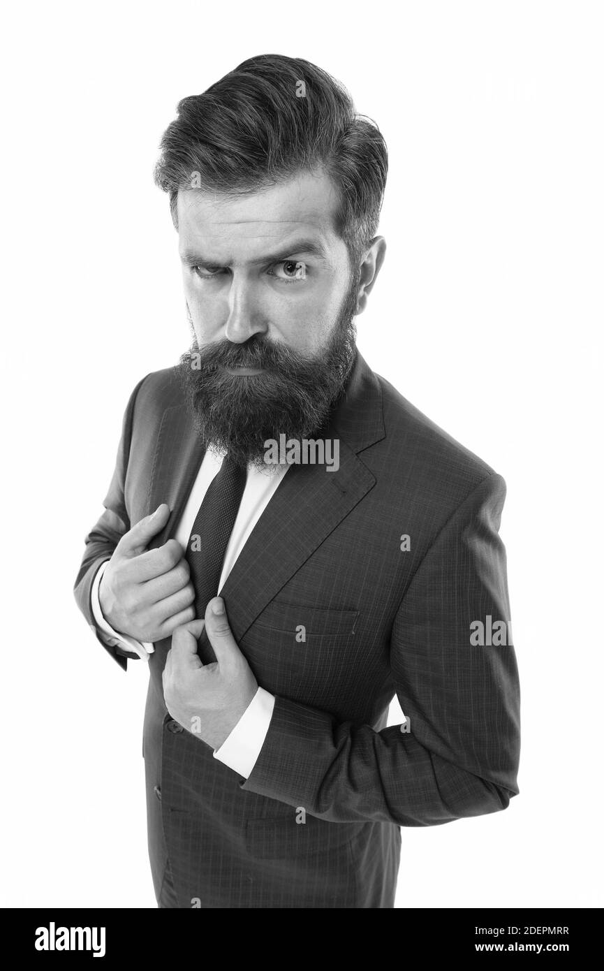 Abito in tweed senza tempo. Bei hipster costosi vestiti bianco di sfondo.  Concetto di abbigliamento maschile. Boutique di moda. Uomo di successo in  tuta. Uomo d'affari indossa il vestito. Uomo serio sopportato.