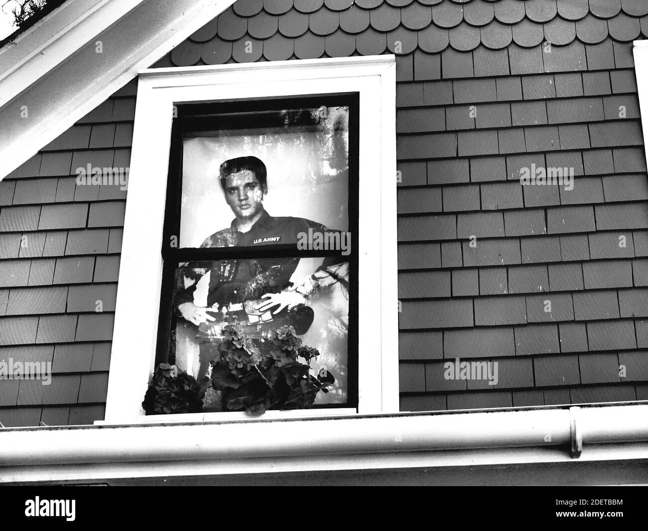 Poster Elvis in una finestra casa. Foto Stock