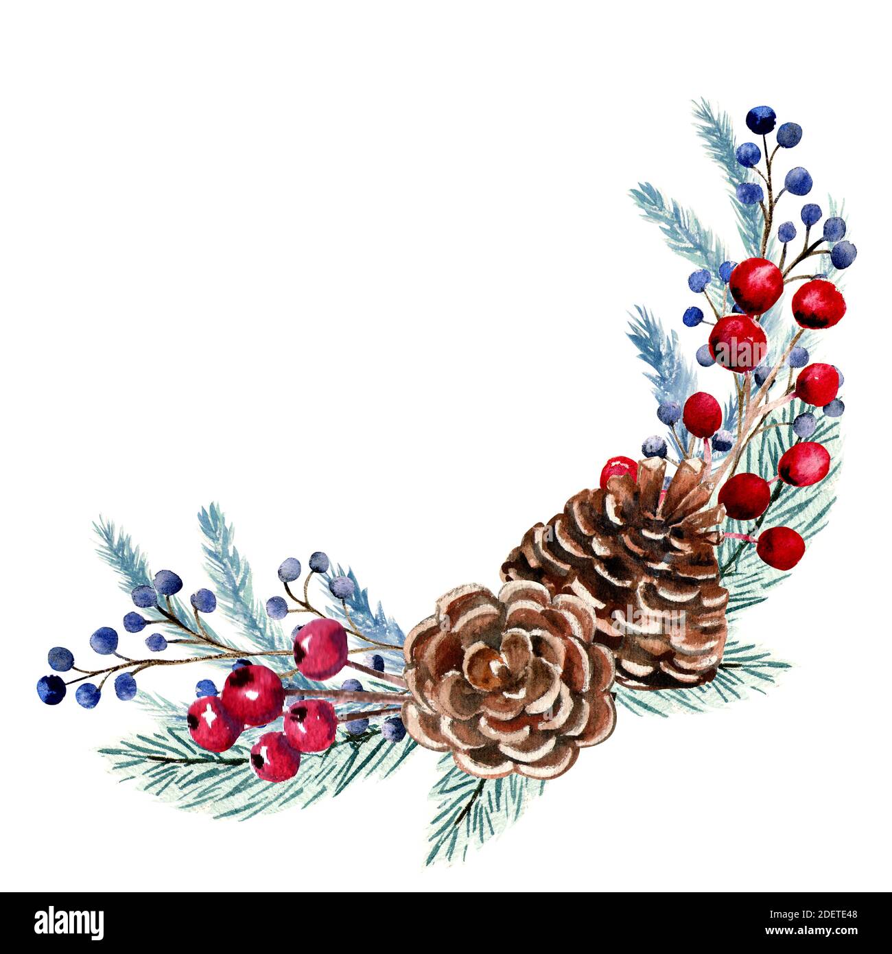 Composizione acquerello invernale con bacche, coni di abete, rami di abete. Illustrazione di Natale disegnata a mano. Per inviti, biglietti d'auguri, stampe Foto Stock