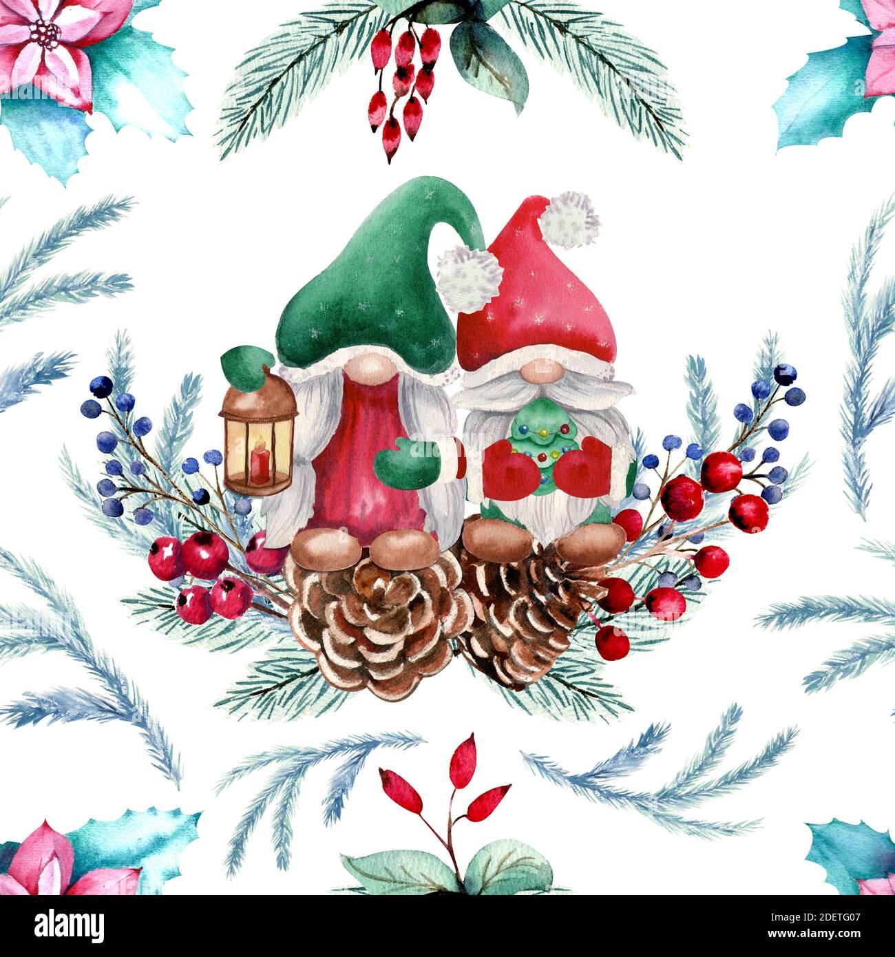 Acquerello invernale motivo senza cuciture con gnome, rami di abete, bacche, coni di abete. Illustrazione di Natale disegnata a mano Foto Stock