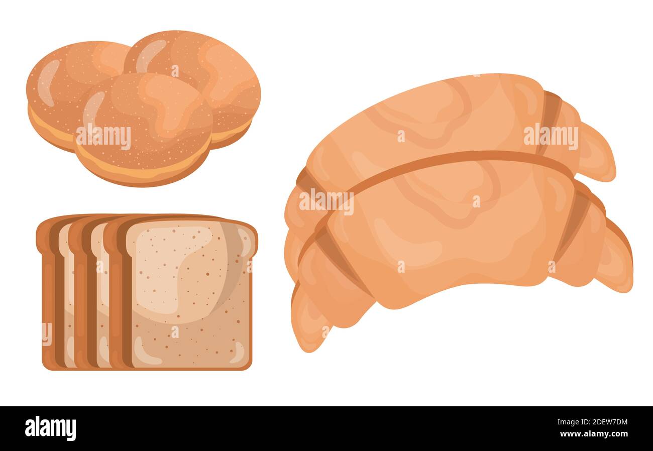 tre pane deliziosi prodotti di pasticceria icone Illustrazione Vettoriale